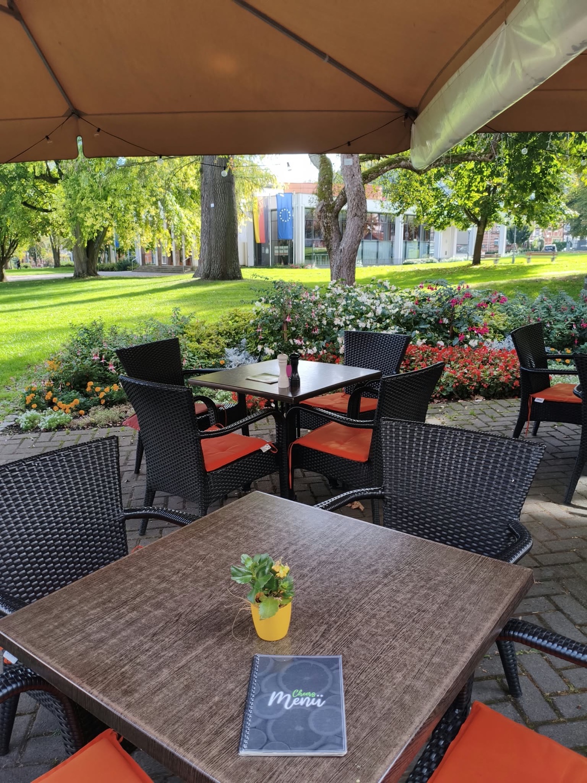Die Cheers-Terrasse unter dem Sonnenschirm mit Korbstühlen, orangefarbenen Kissen und Blick in den grünen Park